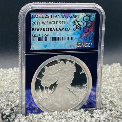 Proof 2011 (W) $1 American Silver Eagle NGC PF69 25th Anniversary Label Trader Bea Private Issue Purple Foil Holder Rare