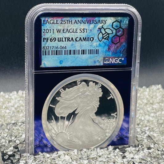 Proof 2011 (W) $1 American Silver Eagle NGC PF69 25th Anniversary Label Trader Bea Private Issue Purple Foil Holder Rare