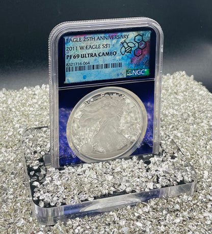 Proof 2011 (W) $1 American Silver Eagle NGC PF69 25th Anniversary Label Trader Bea Private Issue Purple Foil Holder Rare