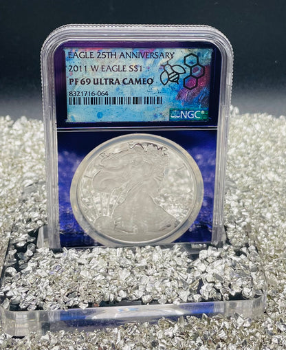 Proof 2011 (W) $1 American Silver Eagle NGC PF69 25th Anniversary Label Trader Bea Private Issue Purple Foil Holder Rare