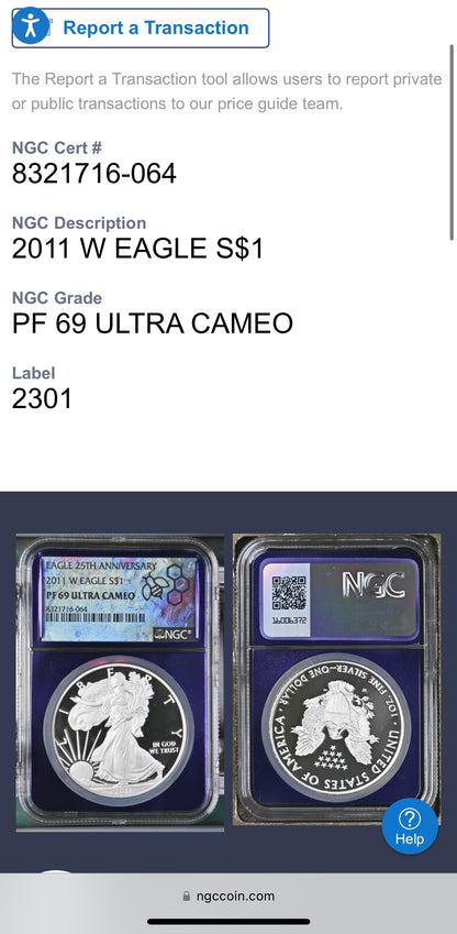 Proof 2011 (W) $1 American Silver Eagle NGC PF69 25th Anniversary Label Trader Bea Private Issue Purple Foil Holder Rare