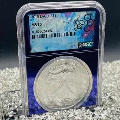 2015 $1 American Silver Eagle NGC MS70 Rare Purple Holder Trader Bea Private Issue