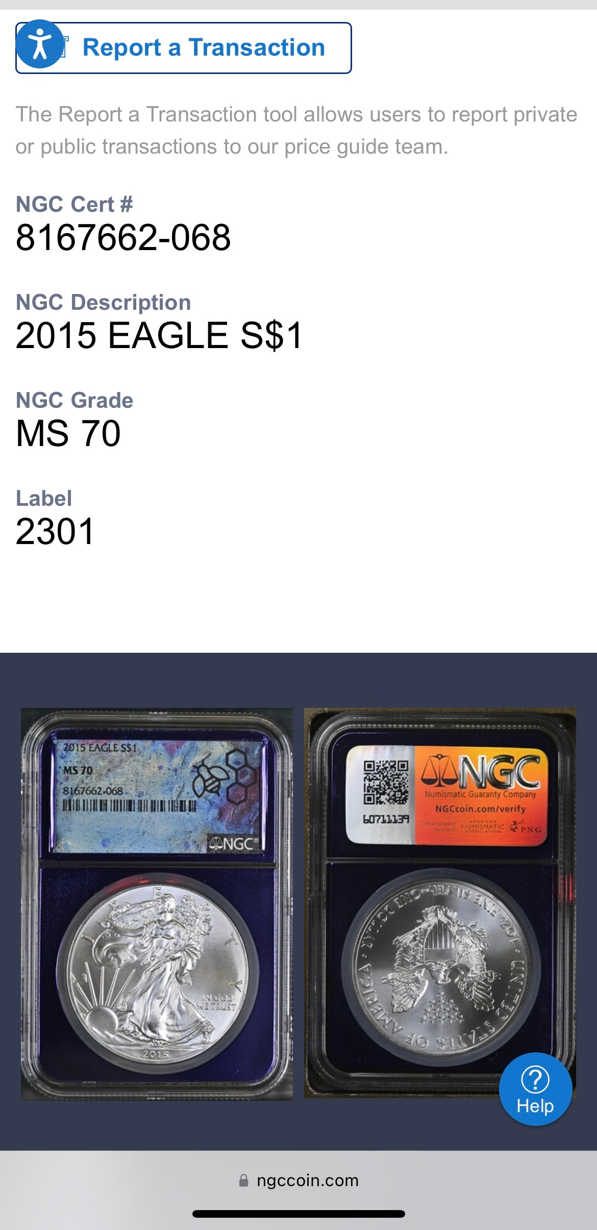 2015 $1 American Silver Eagle NGC MS70 Rare Purple Holder Trader Bea Private Issue