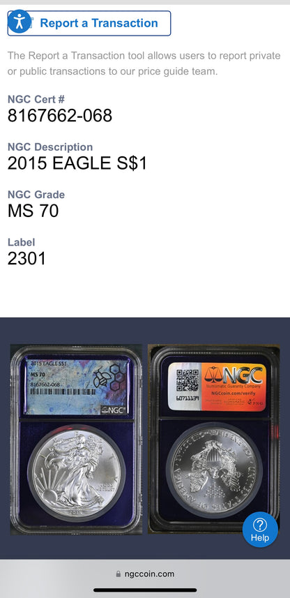 2015 $1 American Silver Eagle NGC MS70 Rare Purple Holder Trader Bea Private Issue