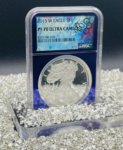 Proof 2015 (W) $1 American Silver Eagle NGC PF70 Trader Bea Private Issue Purple Foil Holder. Rare
