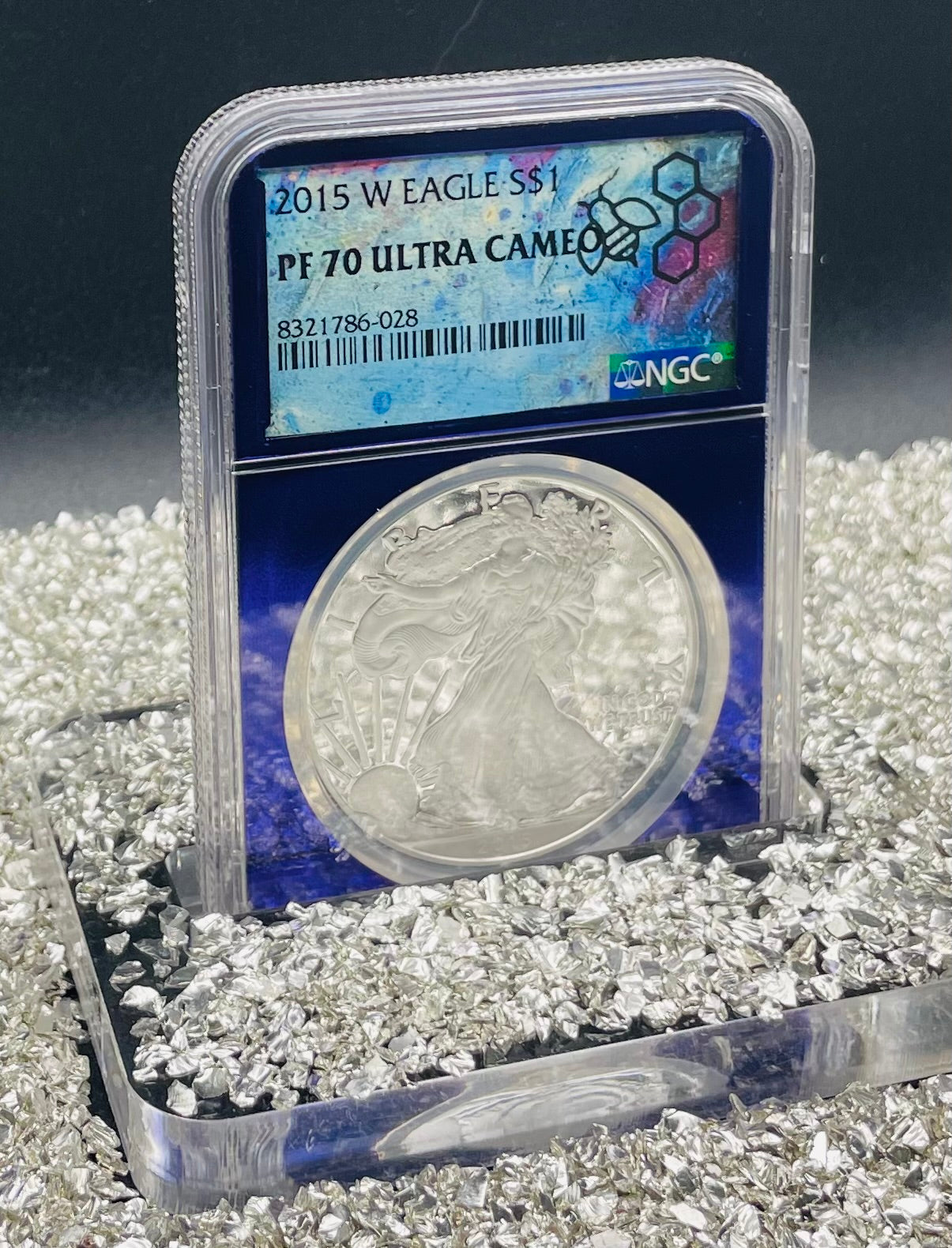 Proof 2015 (W) $1 American Silver Eagle NGC PF70 Trader Bea Private Issue Purple Foil Holder. Rare