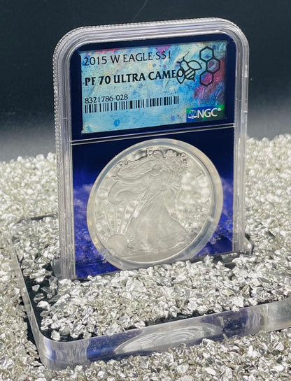 Proof 2015 (W) $1 American Silver Eagle NGC PF70 Trader Bea Private Issue Purple Foil Holder. Rare