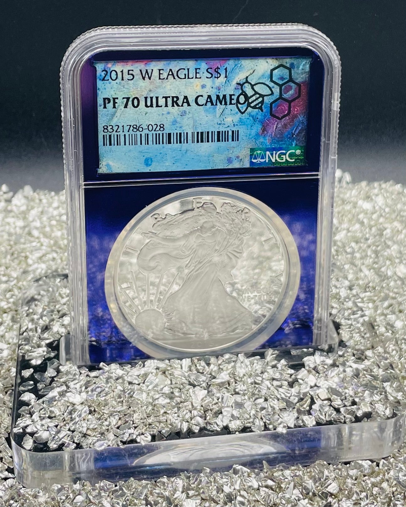 Proof 2015 (W) $1 American Silver Eagle NGC PF70 Trader Bea Private Issue Purple Foil Holder. Rare