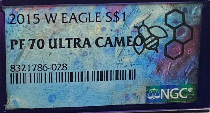Proof 2015 (W) $1 American Silver Eagle NGC PF70 Trader Bea Private Issue Purple Foil Holder. Rare