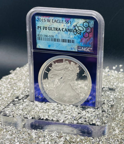 Proof 2015 (W) $1 American Silver Eagle NGC PF70 Trader Bea Private Issue Purple Foil Holder. Rare