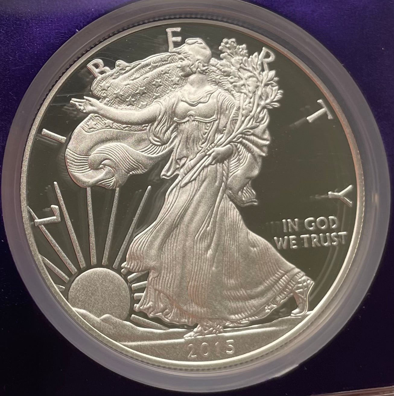 Proof 2015 (W) $1 American Silver Eagle NGC PF70 Trader Bea Private Issue Purple Foil Holder. Rare