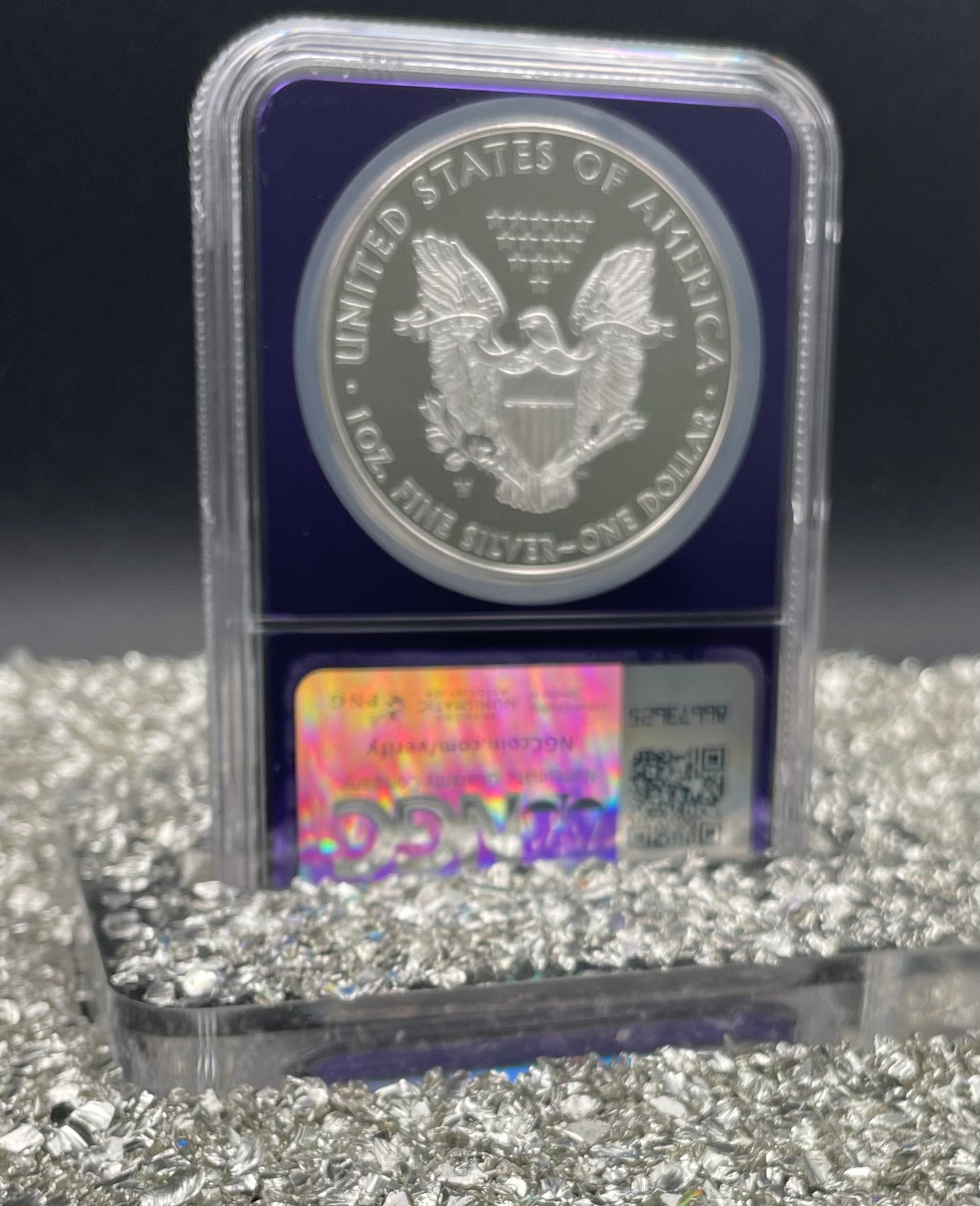 Proof 2015 (W) $1 American Silver Eagle NGC PF70 Trader Bea Private Issue Purple Foil Holder. Rare