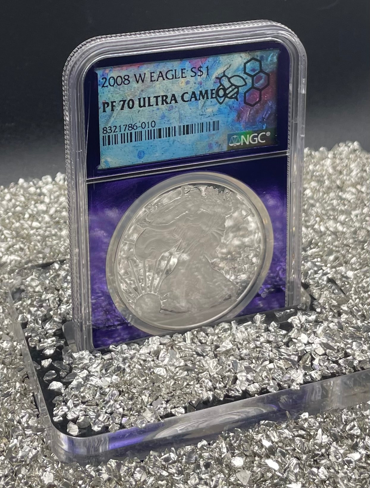 Proof 2008 (W) $1 American Silver Eagle NGC PF70 Trader Bea Private Issue Purple Foil Holder Rare