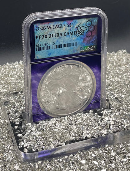 Proof 2008 (W) $1 American Silver Eagle NGC PF70 Trader Bea Private Issue Purple Foil Holder Rare