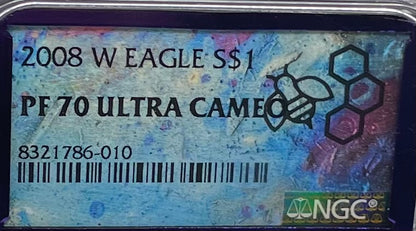 Proof 2008 (W) $1 American Silver Eagle NGC PF70 Trader Bea Private Issue Purple Foil Holder Rare