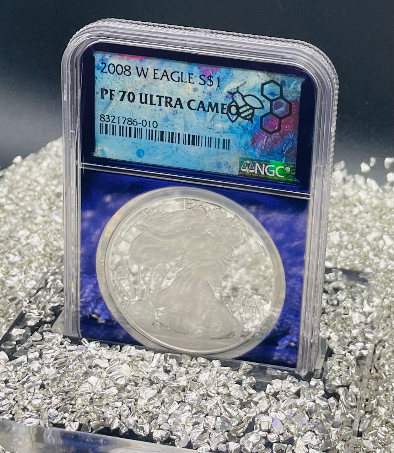 Proof 2008 (W) $1 American Silver Eagle NGC PF70 Trader Bea Private Issue Purple Foil Holder Rare