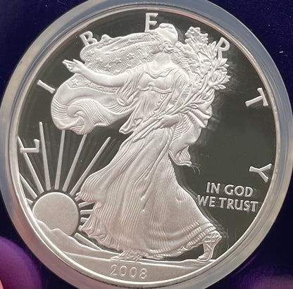 Proof 2008 (W) $1 American Silver Eagle NGC PF70 Trader Bea Private Issue Purple Foil Holder Rare