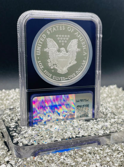 Proof 2008 (W) $1 American Silver Eagle NGC PF70 Trader Bea Private Issue Purple Foil Holder Rare