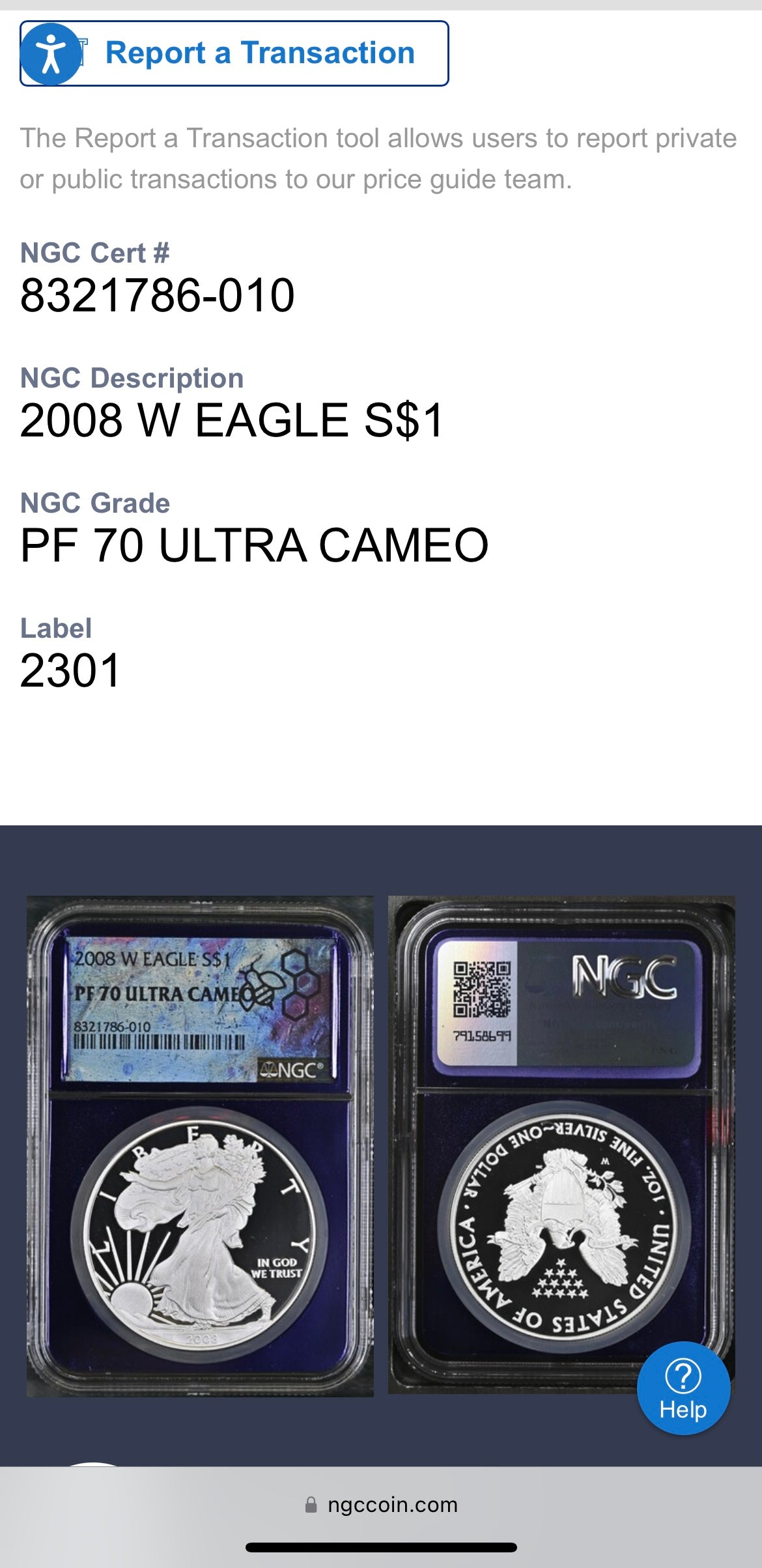 Proof 2008 (W) $1 American Silver Eagle NGC PF70 Trader Bea Private Issue Purple Foil Holder Rare