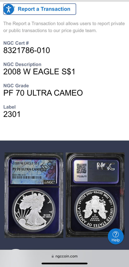 Proof 2008 (W) $1 American Silver Eagle NGC PF70 Trader Bea Private Issue Purple Foil Holder Rare