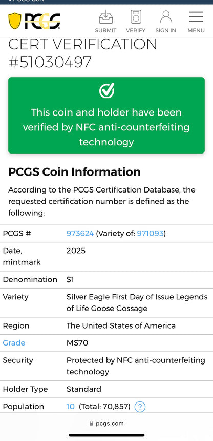 2025 $1 American Silver Eagle PCGS MS70 FDOI Legends of Life MLB Hall of Fame Goose Gossage Signed Label Mint Condition (Rare 1 of 10)