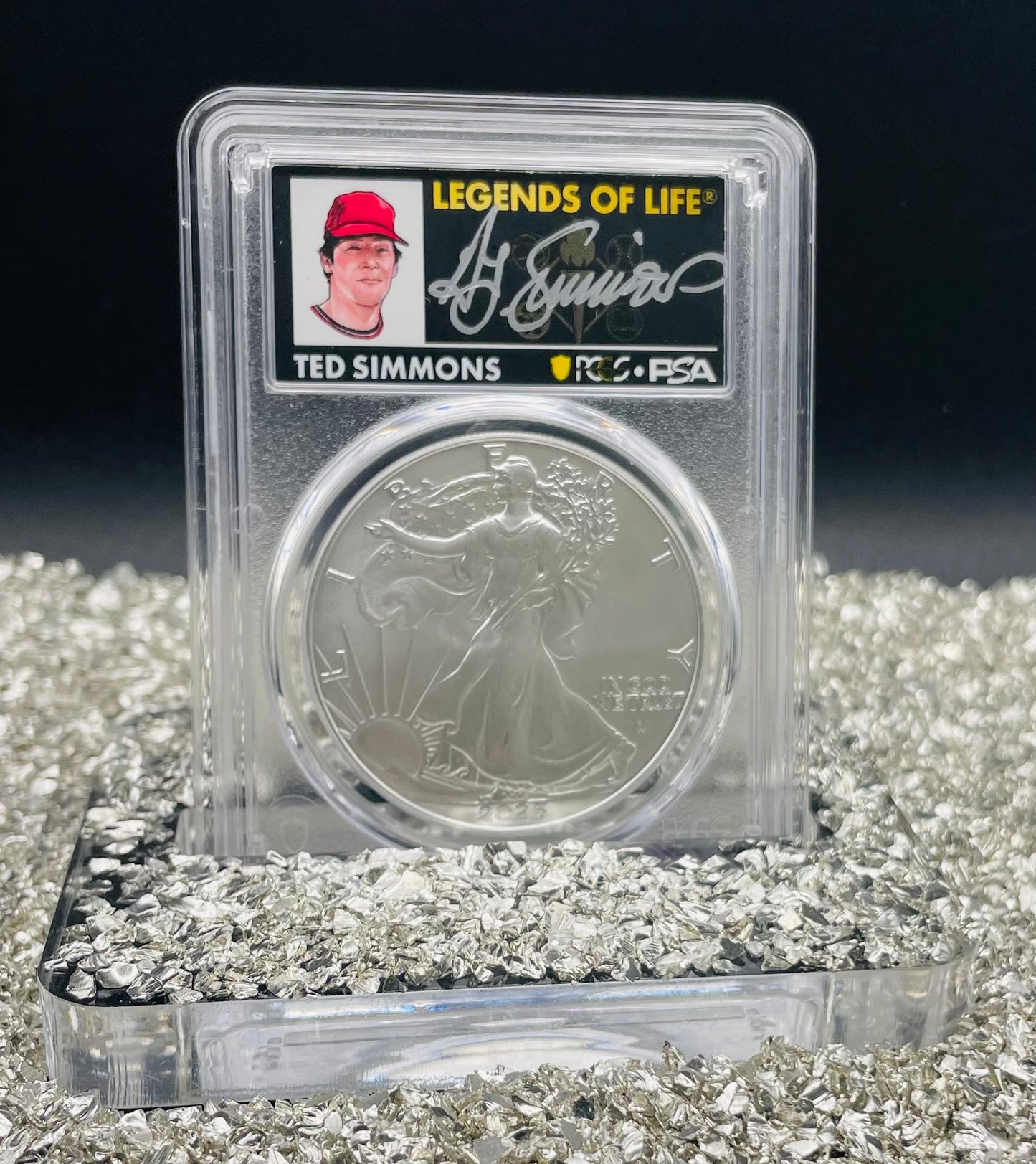 2025 $1 American Silver Eagle PCGS MS70 FDOI Legends of Life MLB Hall of Fame Ted Simmons Signed Label Mint Condition (Rare 1 of 10)