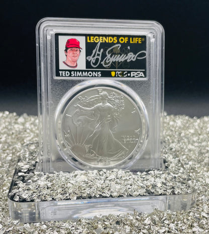 2025 $1 American Silver Eagle PCGS MS70 FDOI Legends of Life MLB Hall of Fame Ted Simmons Signed Label Mint Condition (Rare 1 of 10)