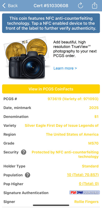 2025 $1 American Silver Eagle PCGS MS70 FDOI Legends of Life MLB Hall of Fame Rollie Fingers Signed Label Limited Edition (Rare 1 of 10)