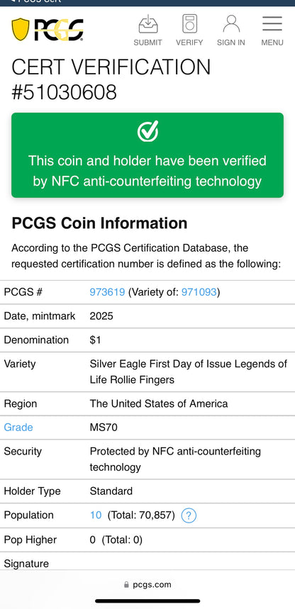2025 $1 American Silver Eagle PCGS MS70 FDOI Legends of Life MLB Hall of Fame Rollie Fingers Signed Label Limited Edition (Rare 1 of 10)