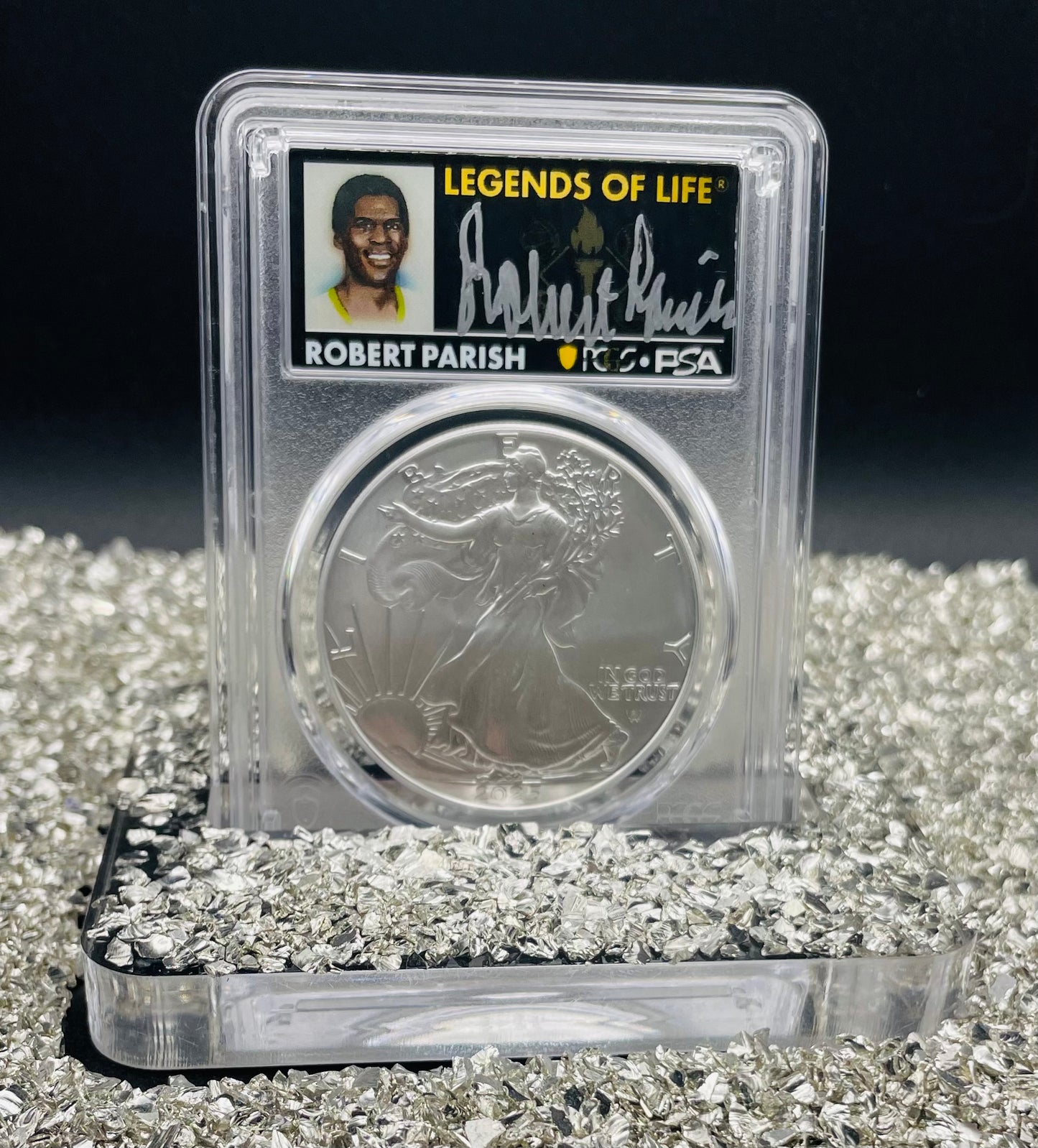 2025 $1 American Silver Eagle PCGS MS70 FDOI Legends of Life NBA Hall of Fame Robert Parish Signed Label Mint Condition (Rare 1 of 10)