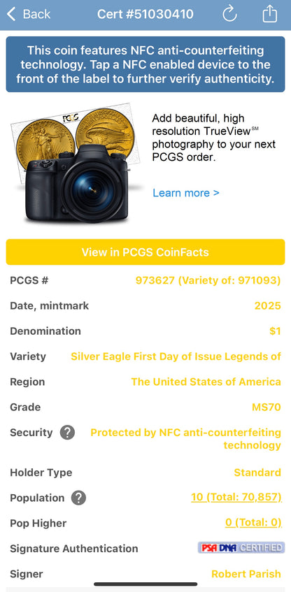 2025 $1 American Silver Eagle PCGS MS70 FDOI Legends of Life NBA Hall of Fame Robert Parish Signed Label Mint Condition (Rare 1 of 10)