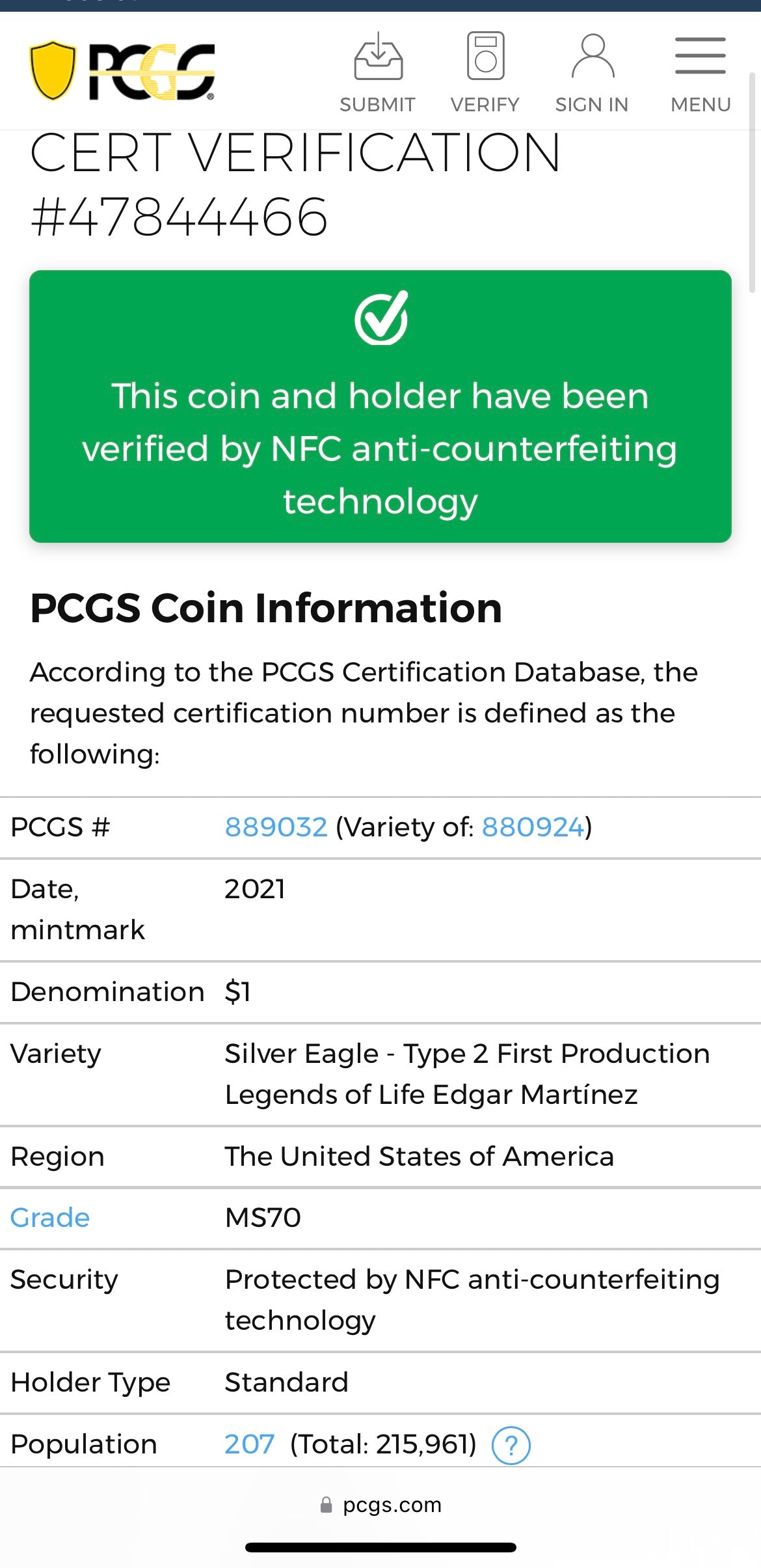 2021 $1 American Silver Eagle PCGS MS70 First Production T-2 Legends of Life MLB Hall of Fame Edgar Martinez Signed Label (1 of 207)