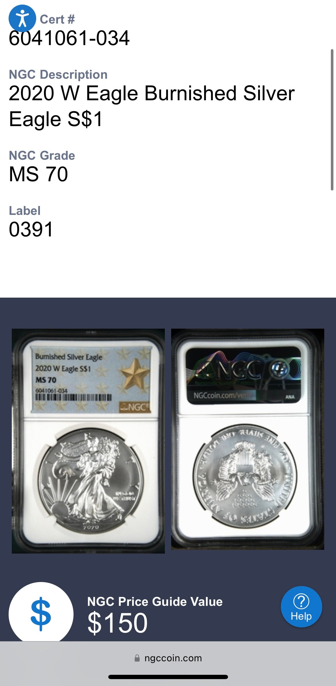 Burnished 2020 (W) $1 American Silver Eagle NGC MS70 West Point Gold Star Label Mint Condition (1 of 5,460)