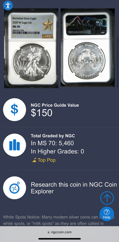 Burnished 2020 (W) $1 American Silver Eagle NGC MS70 West Point Gold Star Label Mint Condition (1 of 5,460)