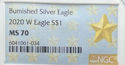 Burnished 2020 (W) $1 American Silver Eagle NGC MS70 West Point Gold Star Label Mint Condition (1 of 5,460)