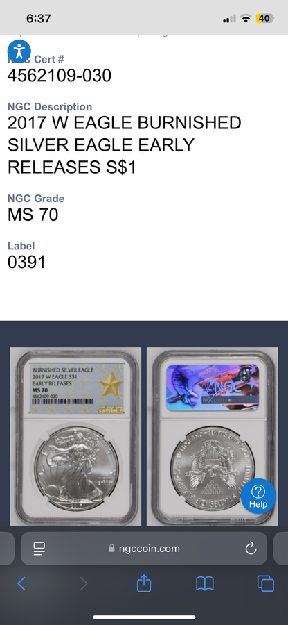 Burnished 2017 (W) $1 American Silver Eagle NGC MS70 Early Releases West Point Gold Star Label Mint Condition (1 of 4,466)