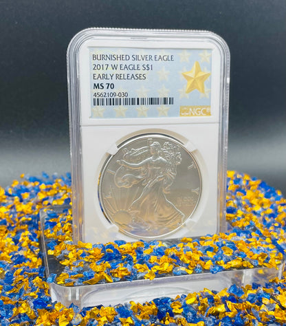 Burnished 2017 (W) $1 American Silver Eagle NGC MS70 Early Releases West Point Gold Star Label Mint Condition (1 of 4,466)