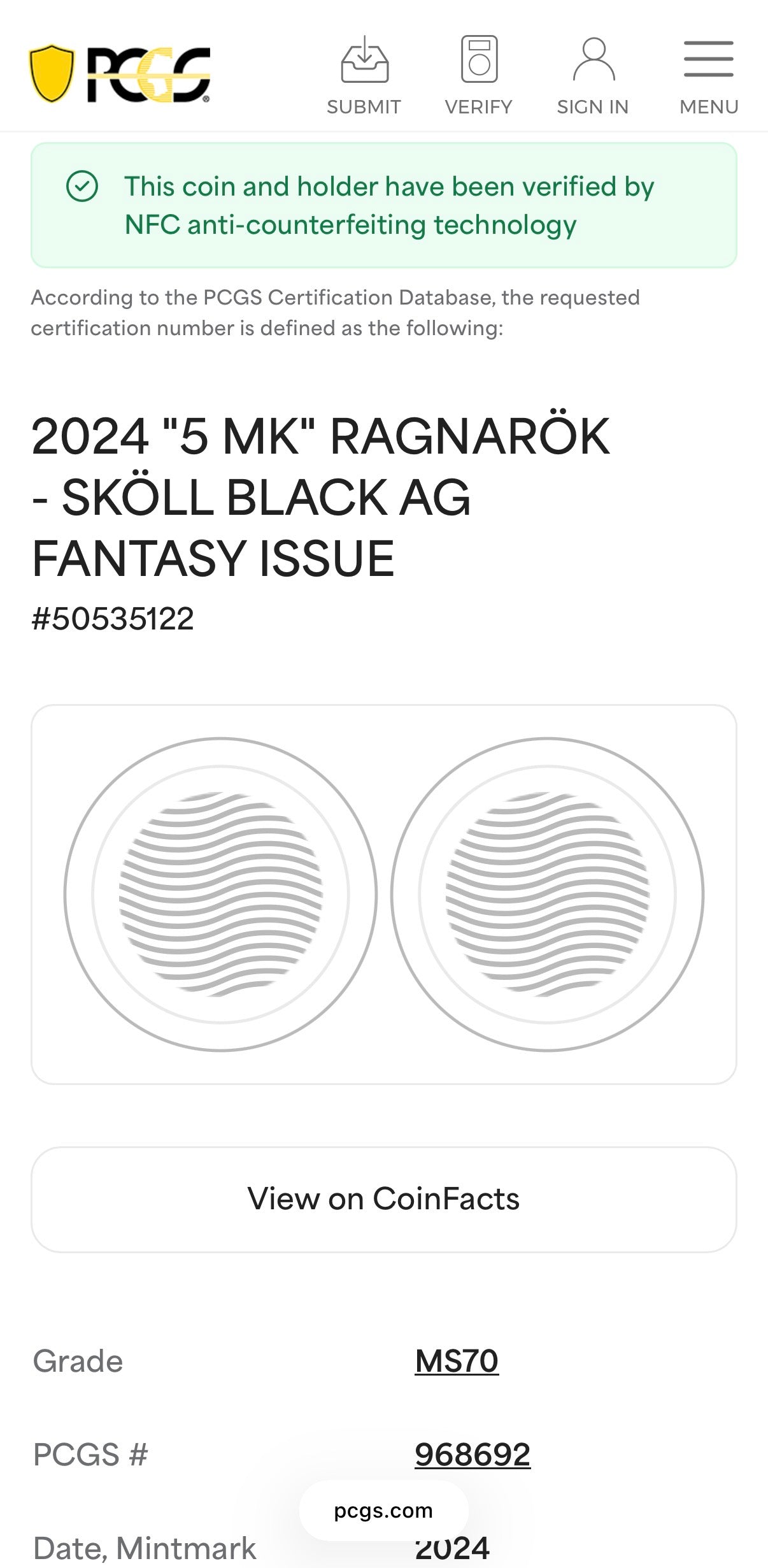 2024 1 oz .9999 Silver Private Issue PCGS MS70 Ragnarok Skoll Proof-like Finish Trader Bea Purple Holder Mint (Rare 1 of 200)