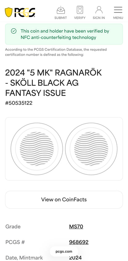 2024 1 oz .9999 Silver Private Issue PCGS MS70 Ragnarok Skoll Proof-like Finish Trader Bea Purple Holder Mint (Rare 1 of 200)