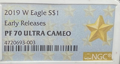 Proof 2019 (W) $1 American Silver Eagle NGC PF70 Early Releases Modern West Point Gold Star Label (1 of 4,482)