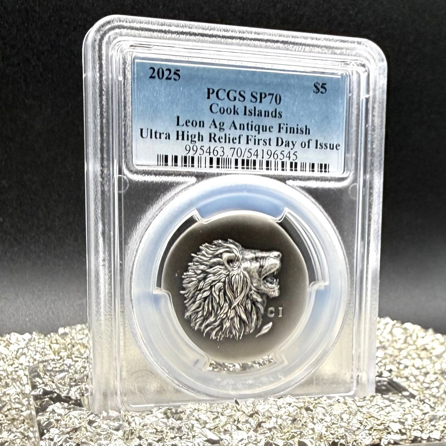 2025 1 oz $5 Cook Islands Silver Dollar PCGS FDOI SP70 Burnished Ultra High Relief Leon Antique Finish (1 of 50) Mint!