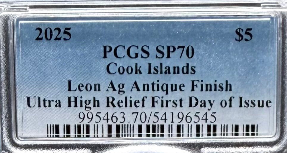 2025 1 oz $5 Cook Islands Silver Dollar PCGS FDOI SP70 Burnished Ultra High Relief Leon Antique Finish (1 of 50) Mint!