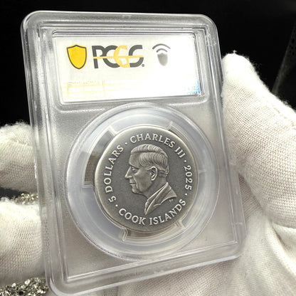 2025 1 oz $5 Cook Islands Silver Dollar PCGS FDOI SP70 Burnished Ultra High Relief Leon Antique Finish (1 of 50) Mint!
