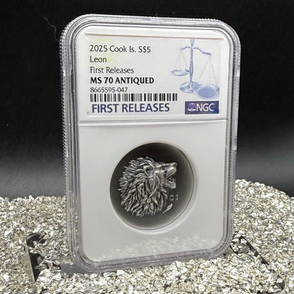 2025 1 oz $5 Cook Islands Silver Dollar NGC FDOI MS70 Burnished Ultra High Relief Leon Antique Finish (1 of 52) Mint!