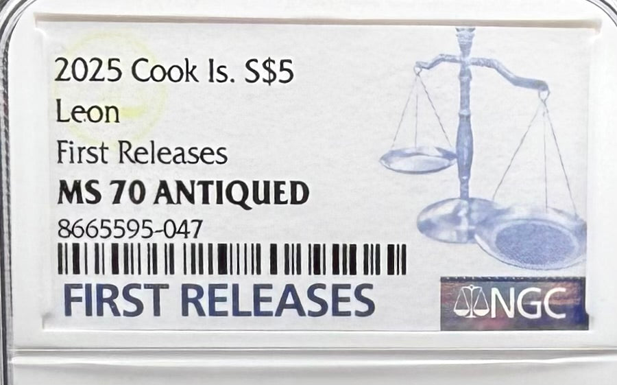 2025 1 oz $5 Cook Islands Silver Dollar NGC FDOI MS70 Burnished Ultra High Relief Leon Antique Finish (1 of 52) Mint!