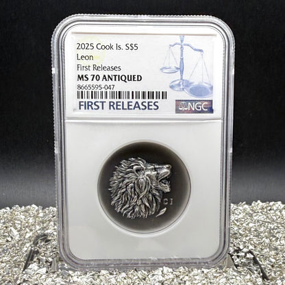 2025 1 oz $5 Cook Islands Silver Dollar NGC FDOI MS70 Burnished Ultra High Relief Leon Antique Finish (1 of 52) Mint!