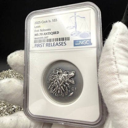 2025 1 oz $5 Cook Islands Silver Dollar NGC FDOI MS70 Burnished Ultra High Relief Leon Antique Finish (1 of 52) Mint!