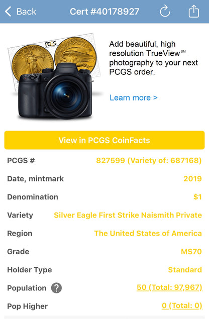 2019 $1 American Silver Eagle PCGS MS70 First Strike NBA Hall of Fame Robert Parish Signed Label Mint Condition 1 of 50