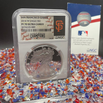 Proof 2014 (W) $1 American Silver Eagle NGC PF70 Rare San Francisco Giants MLB World Series Champions Label Rare