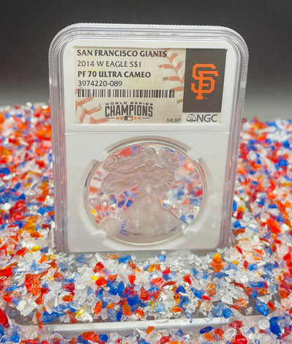 Proof 2014 (W) $1 American Silver Eagle NGC PF70 Rare San Francisco Giants MLB World Series Champions Label Rare
